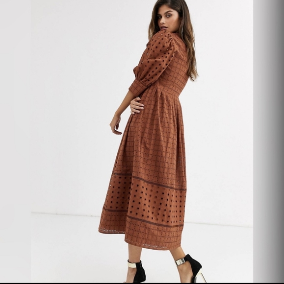 ASOS DESIGN | Button Through Broderie Midi Dress Brown Desert Bohemian New 12 - Picture 9 of 11